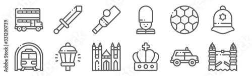 set of 12 united kingdom icons. outline thin line icons such as london bridge, crown, street light, soccer, cricket, sword