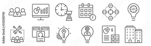 set of 12 agile icons. outline thin line icons such as building, idea, files, target, wall clock, analytics