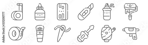 set of 12 handcrafts icons. outline thin line icons such as caulk, screwdriver, brush, spray paint, board, glue