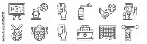 set of 12 soccer icons. outline thin line icons such as horn, first aid kit, pennant, kick off, card, head hitting
