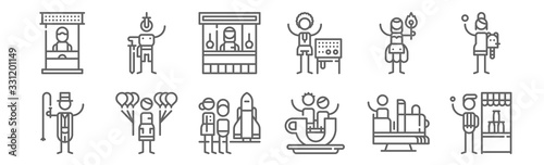 set of 12 amusement park icons. outline thin line icons such as bottle, teacup, balloon, fire eater, food stand, swallow