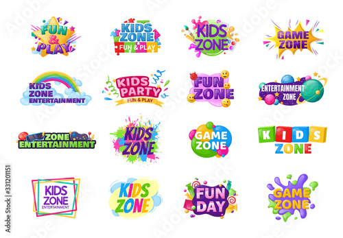 Fototapete Kids zone entertainment set childish banner label sticker badge logo