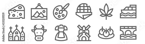set of 12 holland icons. outline thin line icons such as bridge, windmill, cow, marijuana, painting palette, art