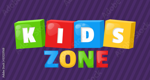 Kids zone entertainment childish banner label sticker badge logo. Cartoon colorful logo for children's playroom decoration, fun play, kids zone vector illustration