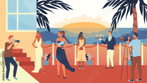 Concept Of Film Festival Or Privat Party. Famous People Are Walking Along Red Carpet, Posing To Paparazzi, Drink Cocktails And Enjoying The Sunset In Privat Club. Cartoon Flat Vector Illustration