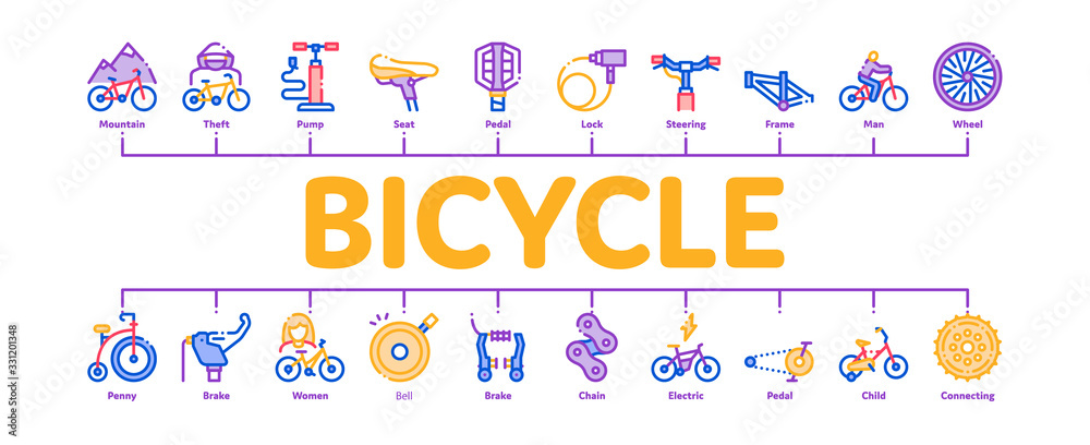 Bicycle Bike Details Minimal Infographic Web Banner Vector. Mountain Bicycle Wheel And Seat, Brake And Frame, Chain And Pump Equipment Illustrations