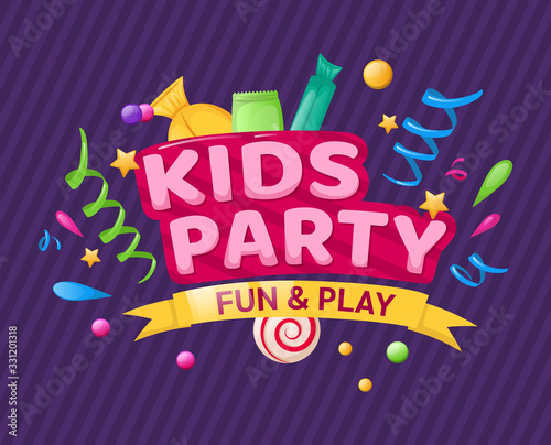 Kids zone entertainment childish banner label sticker badge logo. Cartoon colorful logo for children's playroom decoration, fun play, kids party vector illustration
