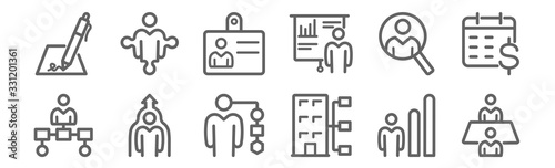 set of 12 human resources management icons. outline thin line icons such as meeting, organization, people, search, id card, connection