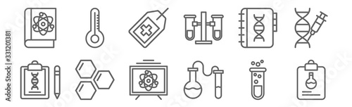 set of 12 science icons. outline thin line icons such as clipboard, experiment, cells, journal, tag, temperature