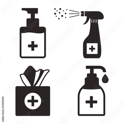 Disinfection. Hygiene. Set of hand sanitizer bottles, washing gel, spray, wet wipes, liquid soap, napkins. Vector illustration