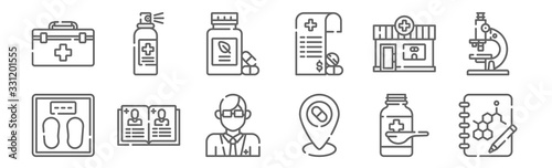 set of 12 pharmacy icons. outline thin line icons such as formula, location, records, pharmacy, herbal, spray