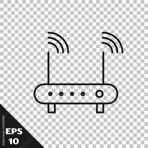 Black line Router and wi-fi signal symbol icon isolated on transparent background. Wireless ethernet modem router. Computer technology internet. Vector Illustration