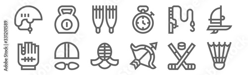 set of 12 sport equipment icons. outline thin line icons such as badminton, archery, swimming, fishing, diving, kettlebell