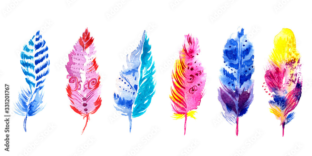 Fototapeta premium set of multi-colored watercolor feathers