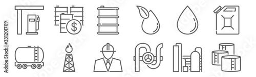set of 12 oil and petroleum industry icons. outline thin line icons such as oil tank, faucet, petrol pump, oil, barrel, price
