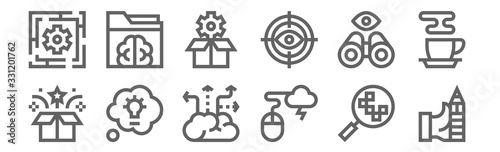 set of 12 design thinking icons. outline thin line icons such as pencil, mouse, thoughts, observation, de, folder
