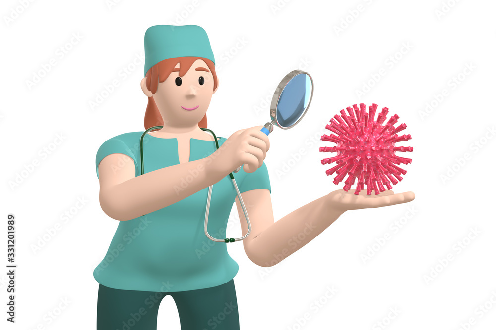 Girl young scientist doctor looks, studies the virus through a magnifier. SARS molecule funny and scary cartoon character. Stop disease, pandemic, flu, coronavirus white background. 3D rendering