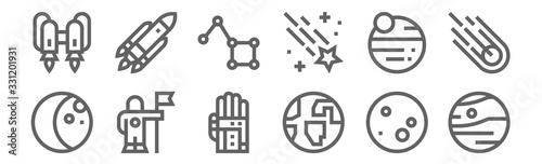 set of 12 space icons. outline thin line icons such as mars, earth, astronaut, planets, big dipper, rocket
