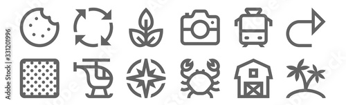 set of 12 miscellaneous icons. outline thin line icons such as island, crab, helicopters, tram, plant, recycle