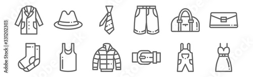 set of 12 clothes icons. outline thin line icons such as dress, belt, sleeveless shirt, handbag, tie, bowler