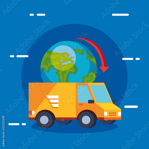 delivery service van with world planet isolated icon vector illustration design