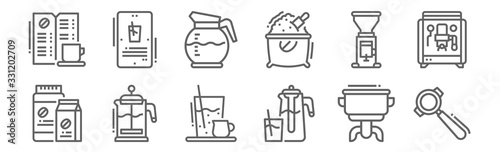 set of 12 coffee icons. outline thin line icons such as portafilter, cold, french, coffee grinder, coffee pot,