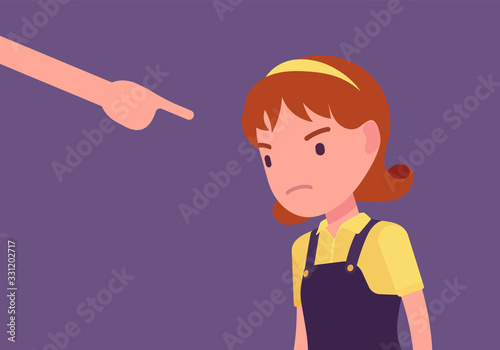 Punishment for girl, adult finger pointing to guilt, punish. Strict discipline strategies to control child behavior, physically or emotionally damaging method. Vector flat style cartoon illustration