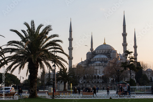 View of the historic Blue Mosque in Istanbul at sunset. Turkey