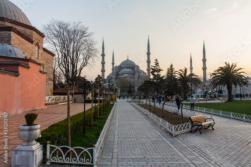 View of the historic Blue Mosque in Istanbul at sunset. Turkey photo