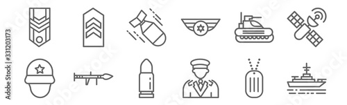 set of 12 military icons. outline thin line icons such as battleship, general, bazooka, tank, torpedo, chevron