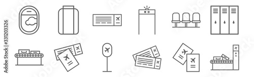 set of 12 airport icons. outline thin line icons such as conveyor, plane tickets, plane tickets, waiting room, plane tickets, luggage