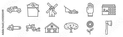set of 12 agriculture icons. outline thin line icons such as axe, tree, combine harvester, gloves, mill, bucket