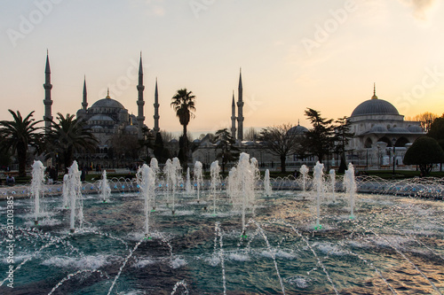 View of the historic Blue Mosque in Istanbul at sunset. Turkey photo