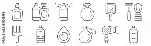 set of 12 barber shop icons. outline thin line icons such as shaving foam, perfume, hair spray, hand mirror, hairspray, gel