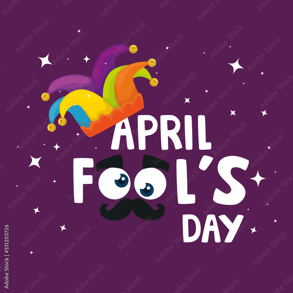 april fool day with hat jester and icons vector illustration design
