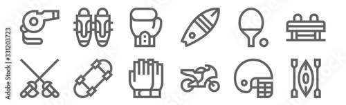 set of 12 sport equipment icons. outline thin line icons such as kayak, motorcycle, skateboard, ping pong, boxing, leg guard
