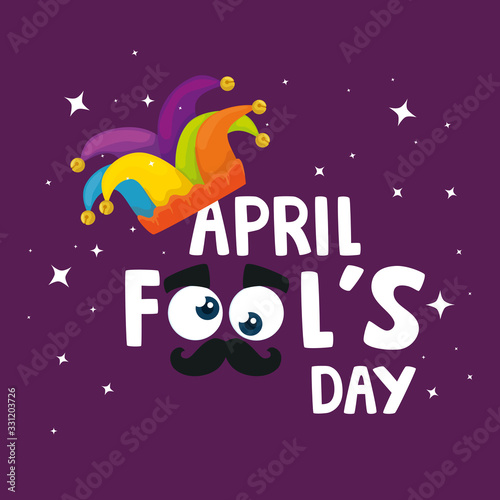 april fool day with hat jester and icons vector illustration design