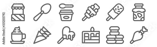 set of 12 ice cream shop icons. outline thin line icons such as pastry bag, cake, ice cream, ice cream, scoop