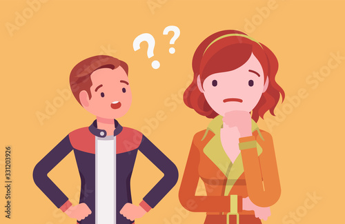 Misunderstanding, communication problem between man, woman. Couple feeling disagreement or quarrel, difference of opinion, failure to talk, marriage psychology. Vector flat style cartoon illustration