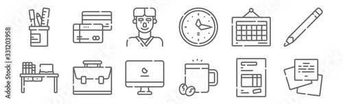 set of 12 office icons. outline thin line icons such as notes, coffee cup, portfolio, calendar, employee, cit card
