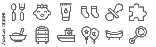 set of 12 baby icons. outline thin line icons such as rattle, balloons, chest of drawers, pacifier, ointment, baby