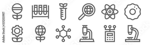 set of 12 bioengineering icons. outline thin line icons such as microscope, microscope, global, atom, test tube, test tubes