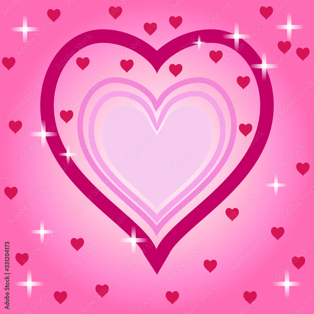 Hearts on a pink background with a white gradient and stars. Suitable for writing greetings, invitations, packages, napkins.