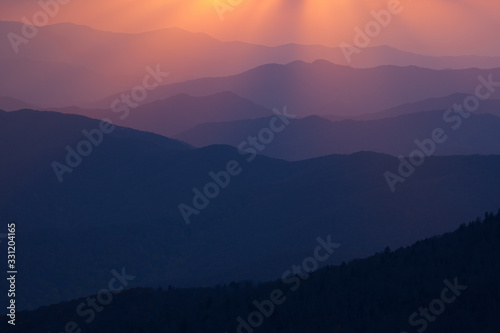 Landscape of sunbeams and the Great Smoky Mountains near sunset from Clingman's Dome, North Carolina, USA