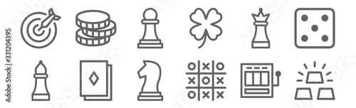 set of 12 casino icons. outline thin line icons such as ingot, tic tac toe, cards, queen, pawn, poker chip