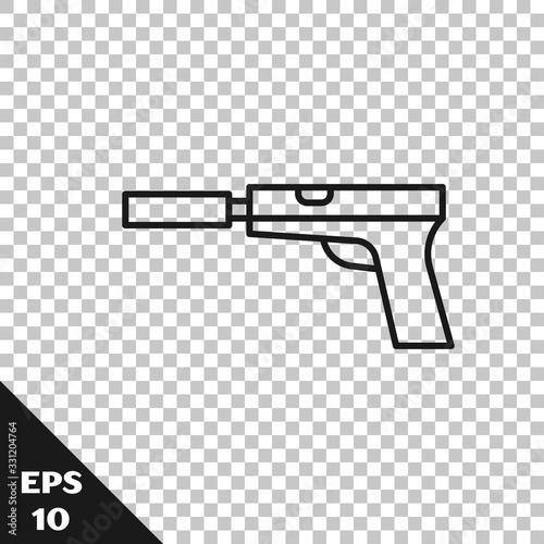 Black line Pistol or gun with silencer icon isolated on transparent background. Vector Illustration