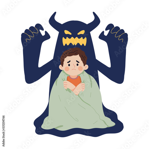 vector illustration of a boy covering himself with a blanket for fear of imagining a big ghost behind him, a boy's fantasy of a ghost
