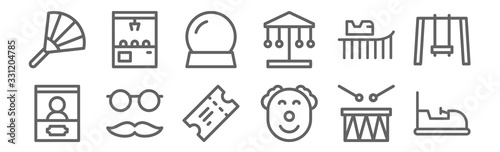 set of 12 carnival icons. outline thin line icons such as bumper car, clown, glasses, roller coaster, crystal ball, claw machine