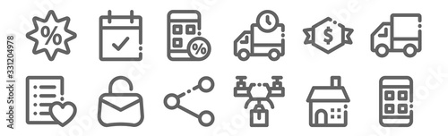 set of 12 ecommerce basic icons. outline thin line icons such as mobile app, drone, handbag, dollar, mobile application, calendar