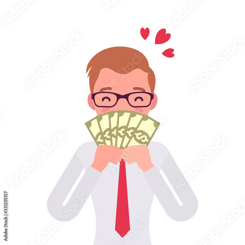 Big money love, man adoring dollar banknotes. Happy prosperous person enjoying good financial life, high earnings, profit, dreaming of wealth, winning lottery. Vector flat style cartoon illustration